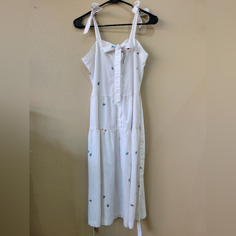 Vintage White Cotton Bee Print Tie Shoulder Summer Dress